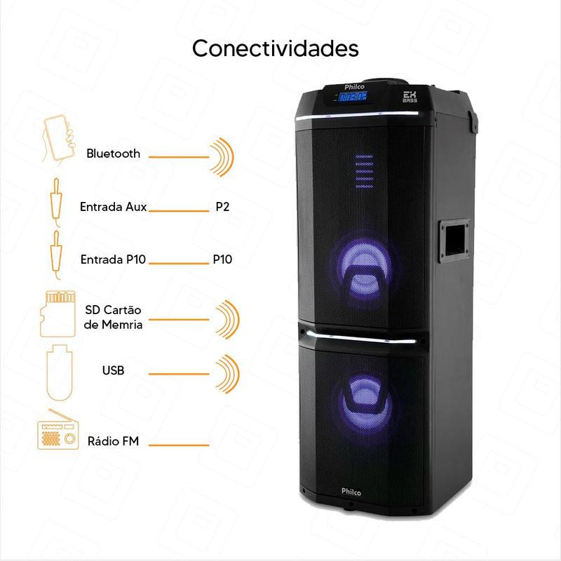 Caixa de Som Philco PCX9000 Flashlight Ex Bass TWS RadioFM 700W